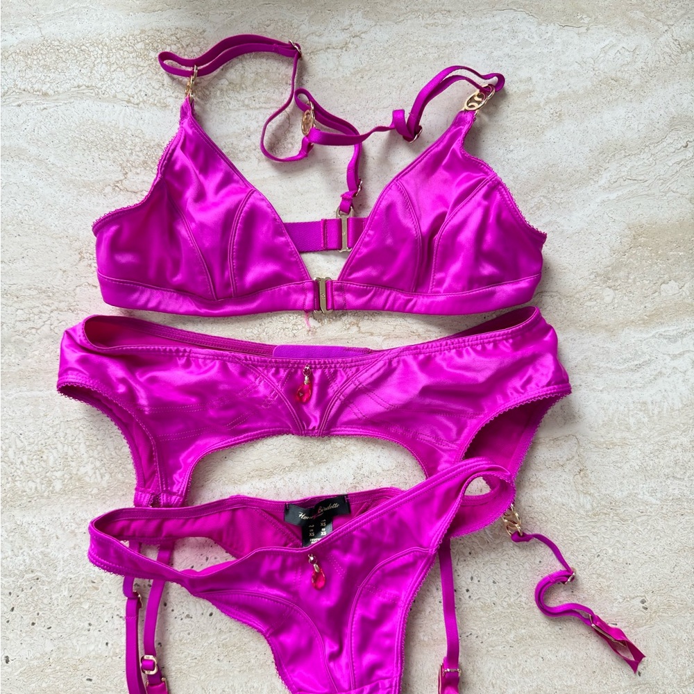 Honey Birdette Indya 3pc Set XS Bralette Garter & Thong Magenta Satin Lingerie